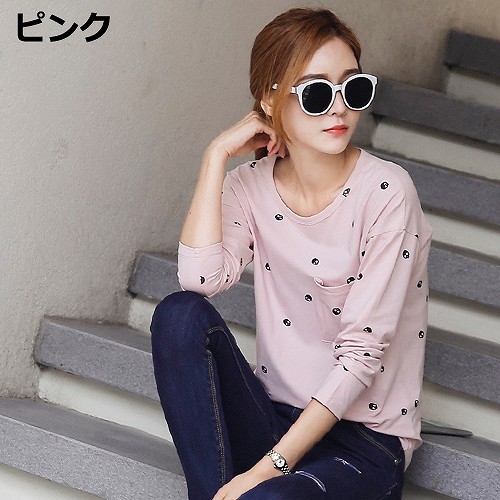 レディース　トップス　Tシャツ　カットソー　長袖　綿　シンプル　ポケット　スカル柄　プリント　ラウンドネック　大きいサイズ　カジュアル　大人可愛い　フェミニン　デート　お出かけ　普段着　グレー　ネイビー　ピンク　送料無料