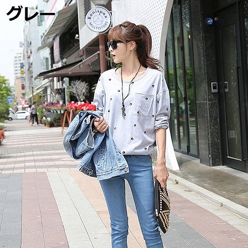 レディース　トップス　Tシャツ　カットソー　長袖　綿　シンプル　ポケット　スカル柄　プリント　ラウンドネック　大きいサイズ　カジュアル　大人可愛い　フェミニン　デート　お出かけ　普段着　グレー　ネイビー　ピンク　送料無料