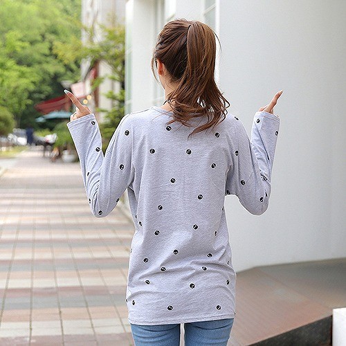 レディース　トップス　Tシャツ　カットソー　長袖　綿　シンプル　ポケット　スカル柄　プリント　ラウンドネック　大きいサイズ　カジュアル　大人可愛い　フェミニン　デート　お出かけ　普段着　グレー　ネイビー　ピンク　送料無料