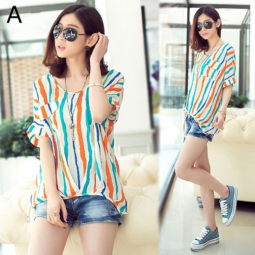レディース　トップス　シャツ　カットソー　半袖　ストライプ　ポケット　ラウンドネック　シンプル　春　夏　ゆったり　大きいサイズ　カジュアル　大人可愛い　フェミニン　おしゃれ　通勤　デート　お出かけ　普段着　マルチカラー　送料無料