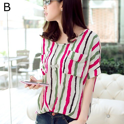 レディース　トップス　シャツ　カットソー　半袖　ストライプ　ポケット　ラウンドネック　シンプル　春　夏　ゆったり　大きいサイズ　カジュアル　大人可愛い　フェミニン　おしゃれ　通勤　デート　お出かけ　普段着　マルチカラー　送料無料