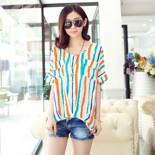 レディース　トップス　シャツ　カットソー　半袖　ストライプ　ポケット　ラウンドネック　シンプル　春　夏　ゆったり　大きいサイズ　カジュアル　大人可愛い　フェミニン　おしゃれ　通勤　デート　お出かけ　普段着　マルチカラー　送料無料