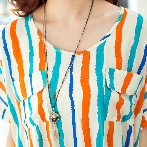 レディース　トップス　シャツ　カットソー　半袖　ストライプ　ポケット　ラウンドネック　シンプル　春　夏　ゆったり　大きいサイズ　カジュアル　大人可愛い　フェミニン　おしゃれ　通勤　デート　お出かけ　普段着　マルチカラー　送料無料