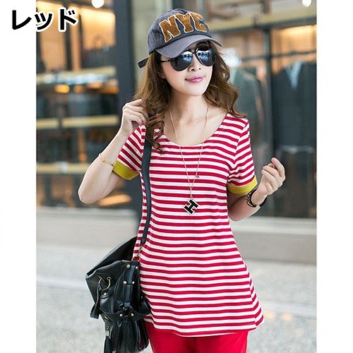 レディース　トップス　スポーツウェア　上下セット　半袖　Tシャツ　ボーダー　チュニック　カットソー　オーバルネック　綿　シンプル　大きいサイズ　ゆったり　カジュアル　　大人可愛い　フェミニン　デート　お出かけ　普段着　レッド　ブラック　送料無料