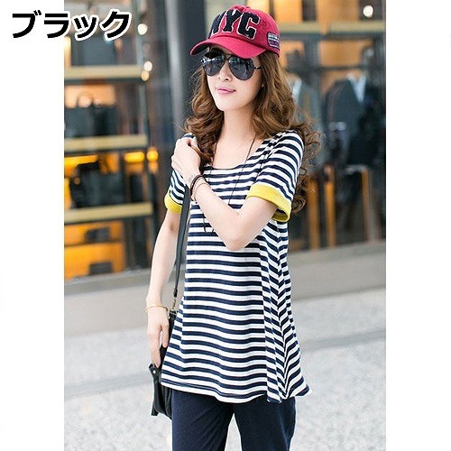 レディース　トップス　スポーツウェア　上下セット　半袖　Tシャツ　ボーダー　チュニック　カットソー　オーバルネック　綿　シンプル　大きいサイズ　ゆったり　カジュアル　　大人可愛い　フェミニン　デート　お出かけ　普段着　レッド　ブラック　送料無料