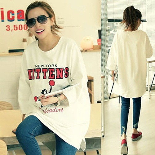 レディース　トップス　Tシャツ　ロング　カットソー　チュニック　ラウンドネック　７分袖　綿　シンプル　プリント　ゆったり　カジュアル　大人可愛い　フェミニン　デート　お出かけ　普段着　ホワイト　送料無料