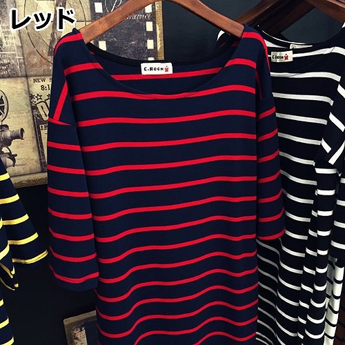 レディース　トップス　Tシャツ　ボーダー　カットソー　ラウンドネック　７分袖　綿　シンプル　ゆったり　カジュアル　大人可愛い　フェミニン　デート　お出かけ　普段着　ホワイト　ブラック　ネイビー　レッド　イエロー　ブラウン　フリーサイズ　送料無料