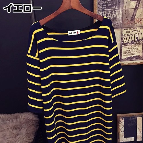 レディース　トップス　Tシャツ　ボーダー　カットソー　ラウンドネック　７分袖　綿　シンプル　ゆったり　カジュアル　大人可愛い　フェミニン　デート　お出かけ　普段着　ホワイト　ブラック　ネイビー　レッド　イエロー　ブラウン　フリーサイズ　送料無料