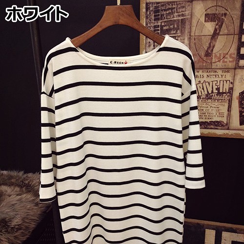 レディース　トップス　Tシャツ　ボーダー　カットソー　ラウンドネック　７分袖　綿　シンプル　ゆったり　カジュアル　大人可愛い　フェミニン　デート　お出かけ　普段着　ホワイト　ブラック　ネイビー　レッド　イエロー　ブラウン　フリーサイズ　送料無料