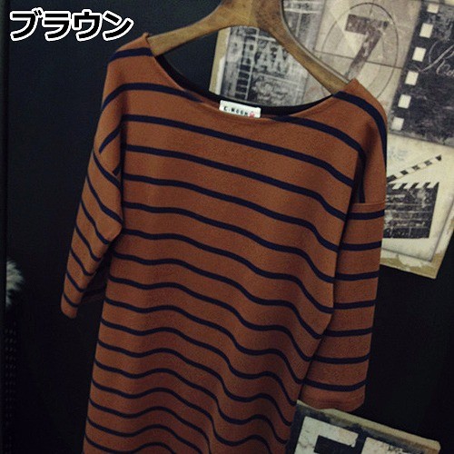 レディース　トップス　Tシャツ　ボーダー　カットソー　ラウンドネック　７分袖　綿　シンプル　ゆったり　カジュアル　大人可愛い　フェミニン　デート　お出かけ　普段着　ホワイト　ブラック　ネイビー　レッド　イエロー　ブラウン　フリーサイズ　送料無料