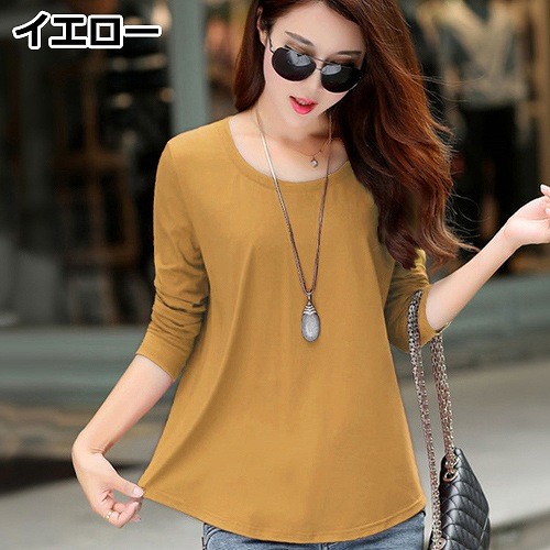 レディース　トップス　Tシャツ　無地　カットソー　フレア　ラウンドネック　長袖　綿　シンプル　大きいサイズ　カジュアル　大人可愛い　フェミニン　デート　お出かけ　普段着　レッド　ブラック　グレー　イエロー　グリーン　パープル　送料無料
