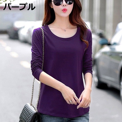 レディース　トップス　Tシャツ　無地　カットソー　フレア　ラウンドネック　長袖　綿　シンプル　大きいサイズ　カジュアル　大人可愛い　フェミニン　デート　お出かけ　普段着　レッド　ブラック　グレー　イエロー　グリーン　パープル　送料無料