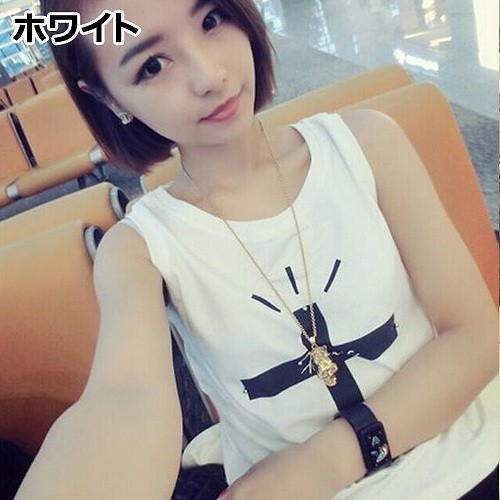 レディース　トップス　ノースリーブ　タンクトップ　カットソー　春　夏　ラウンドネック　綿　シンプル　プリント　大きいサイズ　カジュアル　大人可愛い　フェミニン　デート　お出かけ　普段着　ホワイト　グレー　送料無料