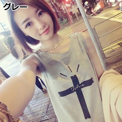 レディース　トップス　ノースリーブ　タンクトップ　カットソー　春　夏　ラウンドネック　綿　シンプル　プリント　大きいサイズ　カジュアル　大人可愛い　フェミニン　デート　お出かけ　普段着　ホワイト　グレー　送料無料