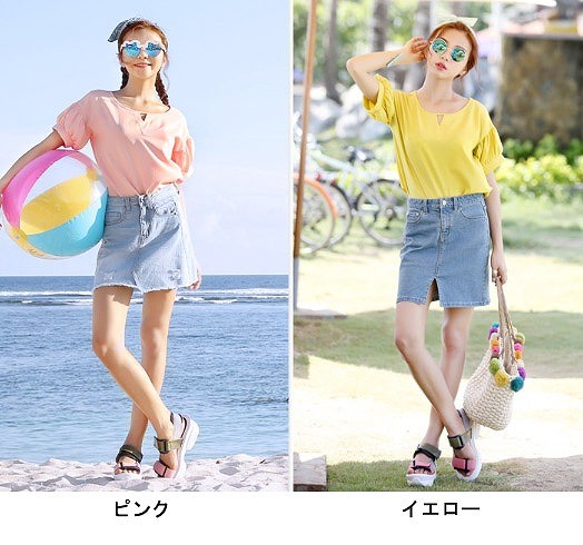 レディース　トップス　Tシャツ　無地　カットソー　ランタン　Ｖネック　ラウンドネック　半袖　シフォン　シンプル　ゆったり　カジュアル　大人可愛い　フェミニン　デート　お出かけ　通勤　普段着　ピンク　イエロー　送料無料