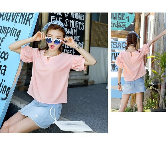 レディース　トップス　Tシャツ　無地　カットソー　ランタン　Ｖネック　ラウンドネック　半袖　シフォン　シンプル　ゆったり　カジュアル　大人可愛い　フェミニン　デート　お出かけ　通勤　普段着　ピンク　イエロー　送料無料