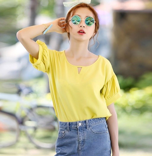 レディース　トップス　Tシャツ　無地　カットソー　ランタン　Ｖネック　ラウンドネック　半袖　シフォン　シンプル　ゆったり　カジュアル　大人可愛い　フェミニン　デート　お出かけ　通勤　普段着　ピンク　イエロー　送料無料