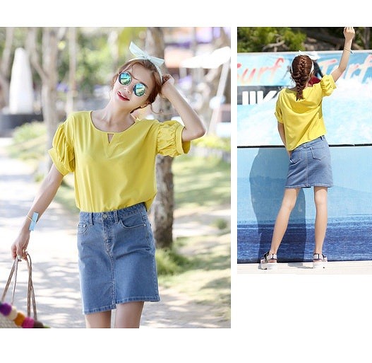 レディース　トップス　Tシャツ　無地　カットソー　ランタン　Ｖネック　ラウンドネック　半袖　シフォン　シンプル　ゆったり　カジュアル　大人可愛い　フェミニン　デート　お出かけ　通勤　普段着　ピンク　イエロー　送料無料