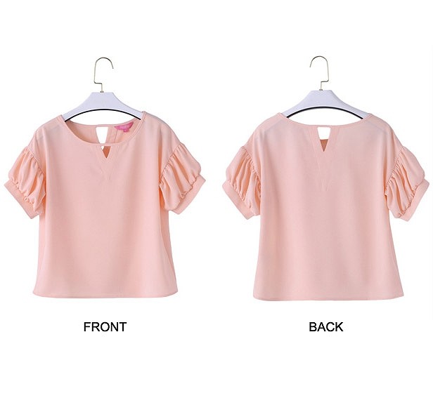 レディース　トップス　Tシャツ　無地　カットソー　ランタン　Ｖネック　ラウンドネック　半袖　シフォン　シンプル　ゆったり　カジュアル　大人可愛い　フェミニン　デート　お出かけ　通勤　普段着　ピンク　イエロー　送料無料