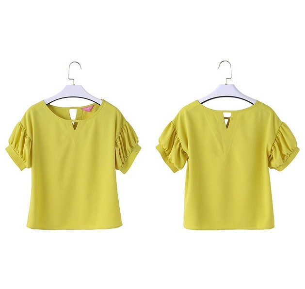 レディース　トップス　Tシャツ　無地　カットソー　ランタン　Ｖネック　ラウンドネック　半袖　シフォン　シンプル　ゆったり　カジュアル　大人可愛い　フェミニン　デート　お出かけ　通勤　普段着　ピンク　イエロー　送料無料