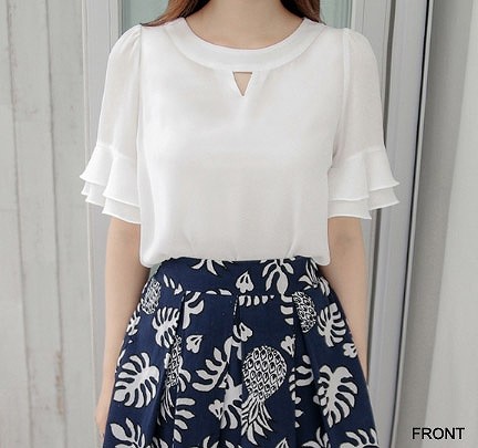 レディース　トップス　カットソー　Tシャツ　無地　フレア　ラウンドネック　Vネック　半袖　シフォン　シンプル　ゆったり　大きいサイズ　エレガント　カジュアル　大人可愛い　フェミニン　おしゃれ　通勤　デート　お出かけ　普段着　ホワイト　白　送料無料