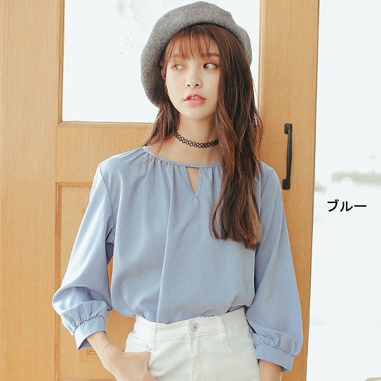 レディース　トップス　カットソー　Tシャツ　無地　ギャザード　ランタン　長袖　シフォン　シンプル　ゆったり　エレガント　カジュアル　大人可愛い　フェミニン　おしゃれ　通勤　デート　お出かけ　普段着　ホワイト　ブルー　グレー　送料無料