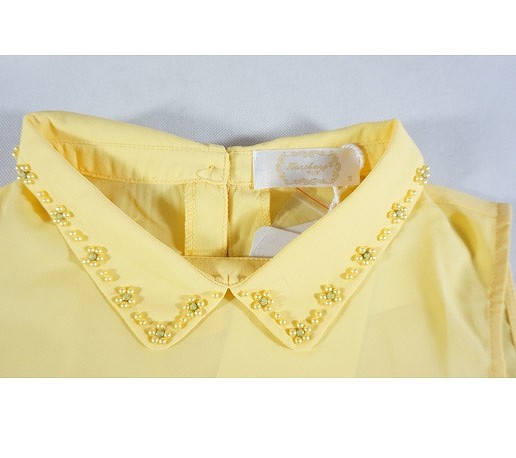 レディース　トップス　ノースリーブ　無地　ブラウス　カットソー　シフォン　ビーズ　襟　シンプル　カジュアル　可愛い　フェミニン　おしゃれ　デート　お出かけ　普段着　イエロー　送料無料