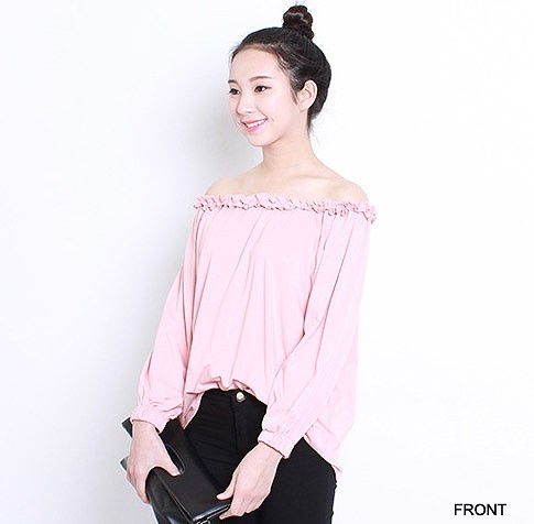 レディース　トップス　カットソー　Tシャツ　無地　長袖　レース襟　オフショルダー　綿　コットン　シンプル　ゆったり　エレガント　セクシー　カジュアル　大人可愛い　フェミニン　おしゃれ　デート　お出かけ　普段着　ブルー　ピンク　ホワイト　ブラック　送料無料