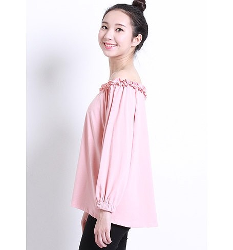 レディース　トップス　カットソー　Tシャツ　無地　長袖　レース襟　オフショルダー　綿　コットン　シンプル　ゆったり　エレガント　セクシー　カジュアル　大人可愛い　フェミニン　おしゃれ　デート　お出かけ　普段着　ブルー　ピンク　ホワイト　ブラック　送料無料