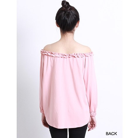 レディース　トップス　カットソー　Tシャツ　無地　長袖　レース襟　オフショルダー　綿　コットン　シンプル　ゆったり　エレガント　セクシー　カジュアル　大人可愛い　フェミニン　おしゃれ　デート　お出かけ　普段着　ブルー　ピンク　ホワイト　ブラック　送料無料