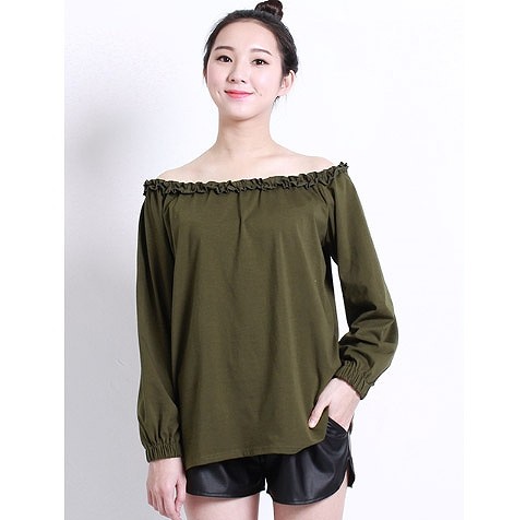 レディース　トップス　カットソー　Tシャツ　無地　長袖　レース襟　オフショルダー　綿　コットン　シンプル　ゆったり　エレガント　セクシー　カジュアル　大人可愛い　フェミニン　おしゃれ　デート　お出かけ　普段着　ブルー　ピンク　ホワイト　ブラック　送料無料