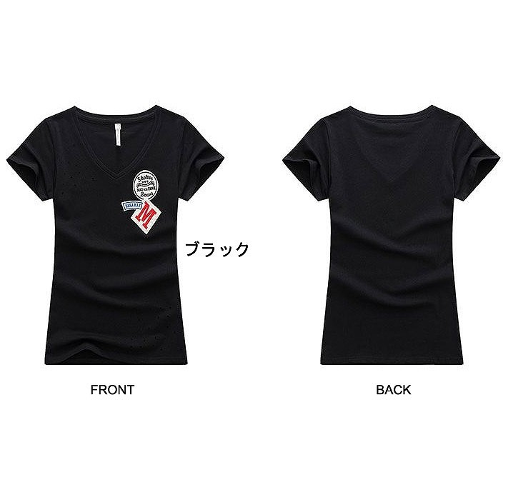 レディース　トップス　Tシャツ　カットソー　Ｖネック　半袖　綿　シンプル　ワッペン　ワンポイント　ロゴ　スリム　フィット　カジュアル　セクシー　大人可愛い　フェミニン　デート　お出かけ　普段着　ホワイト　ブラック　送料無料