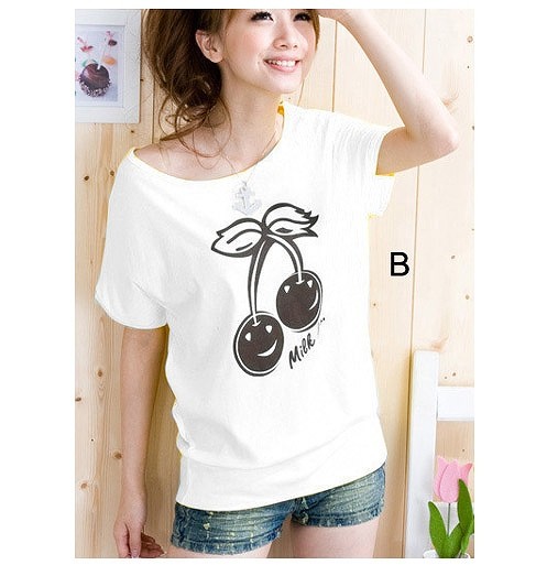 レディース　トップス　Tシャツ　プリント　カットソー　ラウンドネック　半袖　シンプル　さくらんぼ　大きいサイズ　ゆったり　カジュアル　大人可愛い　フェミニン　デート　お出かけ　普段着　ブルー　ホワイト　イエロー　オレンジ　送料無料
