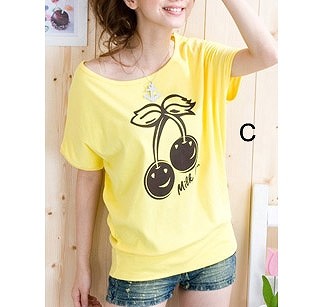 レディース　トップス　Tシャツ　プリント　カットソー　ラウンドネック　半袖　シンプル　さくらんぼ　大きいサイズ　ゆったり　カジュアル　大人可愛い　フェミニン　デート　お出かけ　普段着　ブルー　ホワイト　イエロー　オレンジ　送料無料