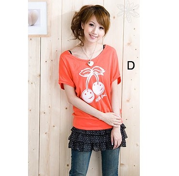 レディース　トップス　Tシャツ　プリント　カットソー　ラウンドネック　半袖　シンプル　さくらんぼ　大きいサイズ　ゆったり　カジュアル　大人可愛い　フェミニン　デート　お出かけ　普段着　ブルー　ホワイト　イエロー　オレンジ　送料無料