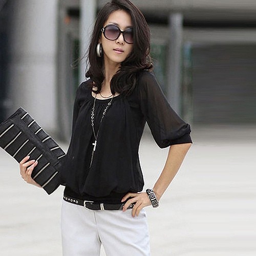 レディース　Uネック　Tシャツ　半袖　ショートスリーブ　ブラウス　トップス　春　夏　女性　大人　カジュアル　キュート　可愛い　おしゃれ　エレガント　セクシー　ファッション　ブラック　黒　フリーサイズ　ワンサイズ　送料無料