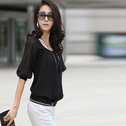 レディース　Uネック　Tシャツ　半袖　ショートスリーブ　ブラウス　トップス　春　夏　女性　大人　カジュアル　キュート　可愛い　おしゃれ　エレガント　セクシー　ファッション　ブラック　黒　フリーサイズ　ワンサイズ　送料無料