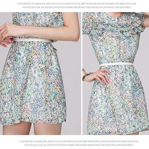 レディース　花柄　ワンピース　ミニ　スカート　ラウンドネック　ショートスリーブ　半袖　ボトムス　春　夏　女性　大人　カジュアル　キュート　可愛い　おしゃれ　セクシー　エレガント　セクシー　ブルー　S　サイズ　送料無料