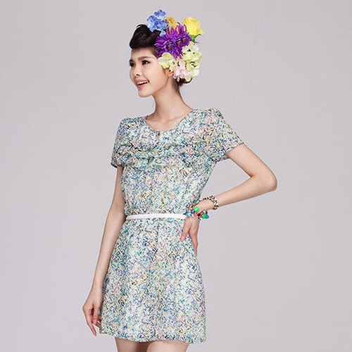レディース　花柄　ワンピース　ミニ　スカート　ラウンドネック　ショートスリーブ　半袖　ボトムス　春　夏　女性　大人　カジュアル　キュート　可愛い　おしゃれ　セクシー　エレガント　セクシー　ブルー　S　サイズ　送料無料
