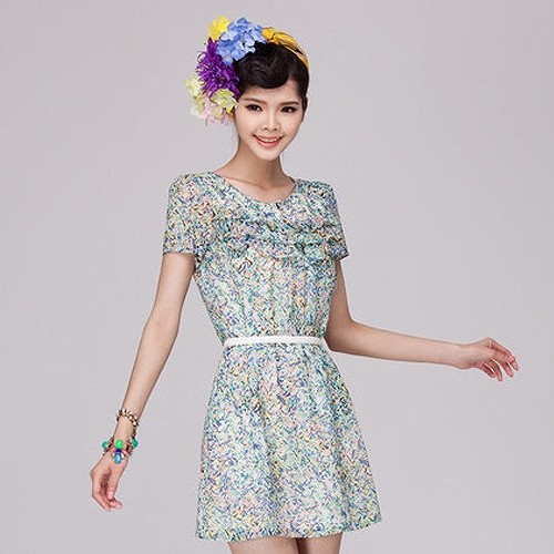 レディース　花柄　ワンピース　ミニ　スカート　ラウンドネック　ショートスリーブ　半袖　ボトムス　春　夏　女性　大人　カジュアル　キュート　可愛い　おしゃれ　セクシー　エレガント　セクシー　ブルー　S　サイズ　送料無料