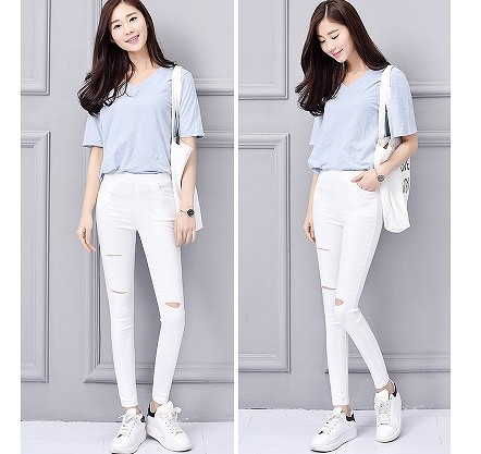 レディース　ボトムス　ペンシルパンツ　ストレッチ　ダメージド　スリム　おしゃれ　すっきり　エレガント　カジュアル　お出かけ　デート　デイリー　普段着　ブラック　ホワイト　送料無料