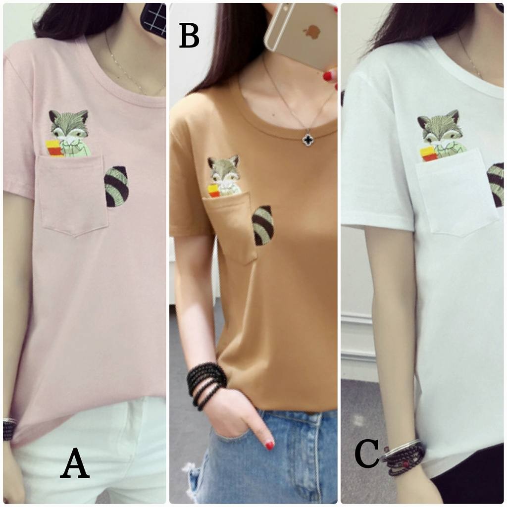 レディース　刺繍　リス　ポケット　Tシャツ　半袖　ショートスリーブ　トップス　春　夏　女性　大人　カジュアル　キュート　可愛い　おしゃれ　エレガント　セクシー　ファッション　ピンク　ブラウン　ホワイト　M　L　XL　XXL　サイズ　送料無料