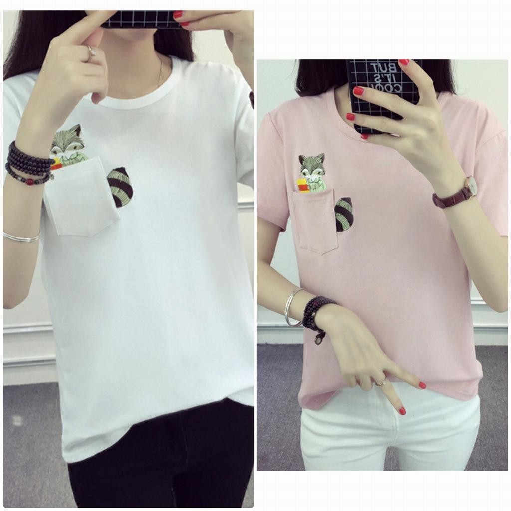 レディース　刺繍　リス　ポケット　Tシャツ　半袖　ショートスリーブ　トップス　春　夏　女性　大人　カジュアル　キュート　可愛い　おしゃれ　エレガント　セクシー　ファッション　ピンク　ブラウン　ホワイト　M　L　XL　XXL　サイズ　送料無料