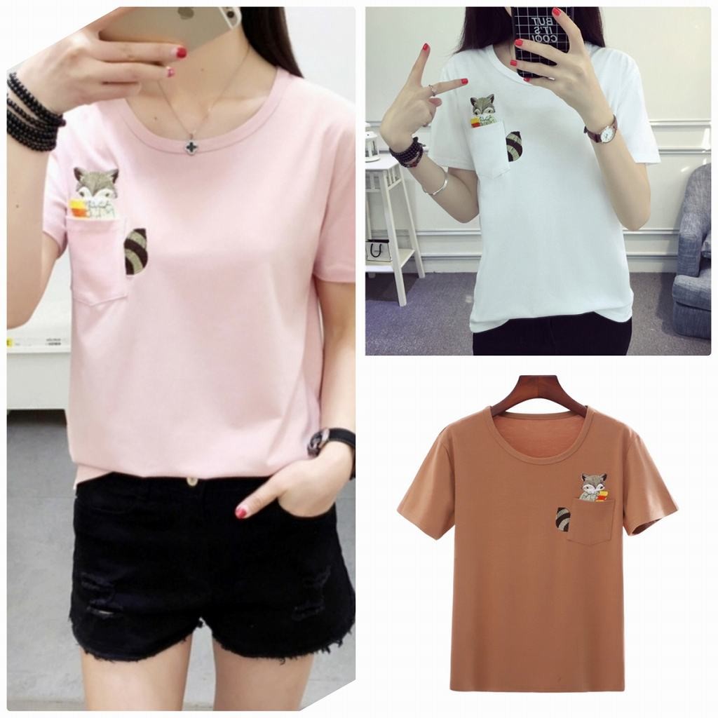レディース　刺繍　リス　ポケット　Tシャツ　半袖　ショートスリーブ　トップス　春　夏　女性　大人　カジュアル　キュート　可愛い　おしゃれ　エレガント　セクシー　ファッション　ピンク　ブラウン　ホワイト　M　L　XL　XXL　サイズ　送料無料