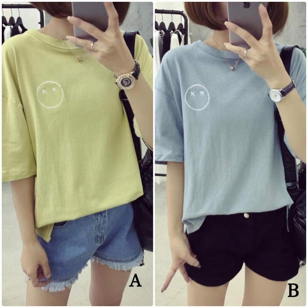 レディース　刺繍　顔　ワンポイント　Tシャツ　半袖　クルーネック　ショートスリーブ　トップス　春　夏　女性　大人　カジュアル　キュート　可愛い　おしゃれ　ファッション　イエロー　ブルー　M　L　XL　XXL　サイズ　送料無料