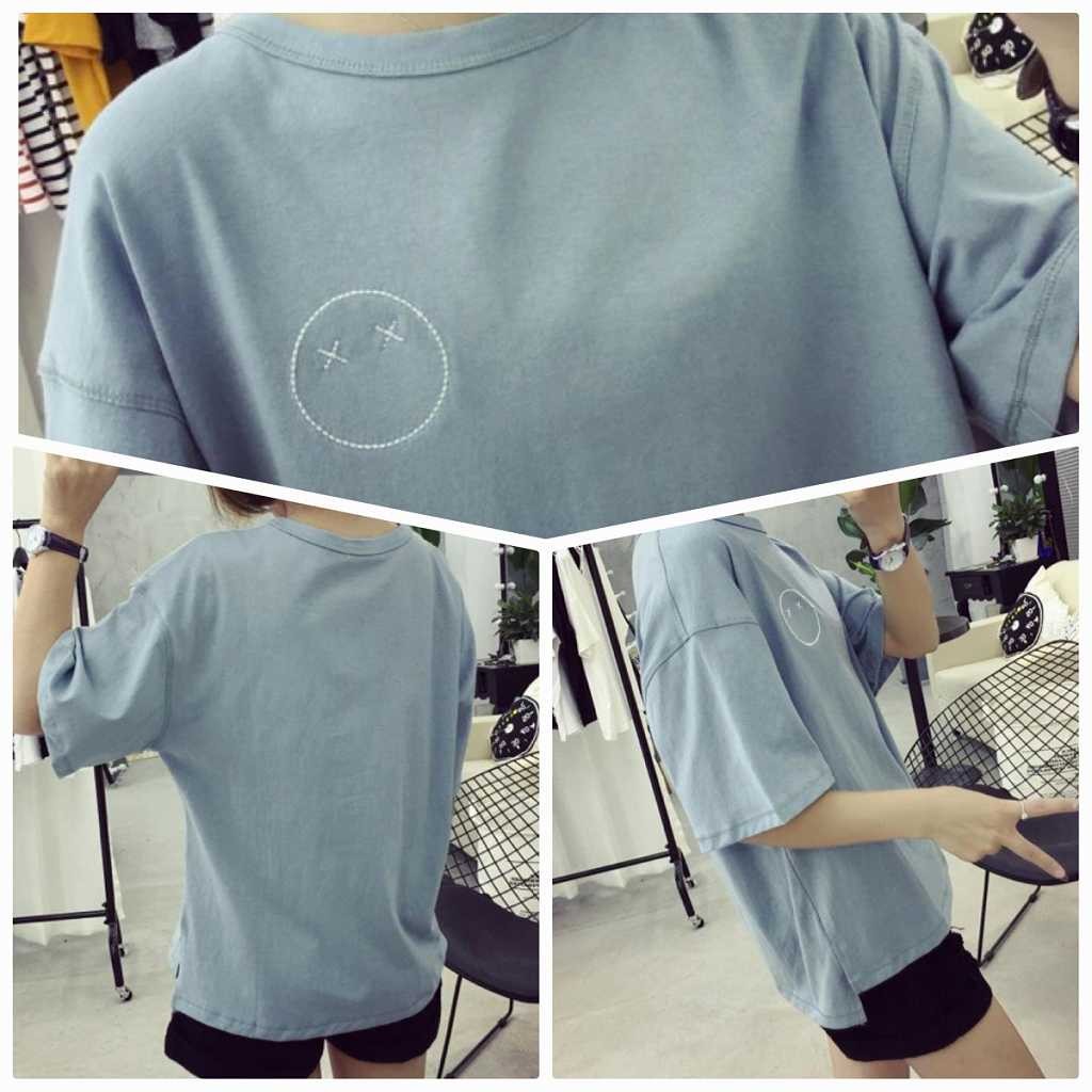 レディース　刺繍　顔　ワンポイント　Tシャツ　半袖　クルーネック　ショートスリーブ　トップス　春　夏　女性　大人　カジュアル　キュート　可愛い　おしゃれ　ファッション　イエロー　ブルー　M　L　XL　XXL　サイズ　送料無料