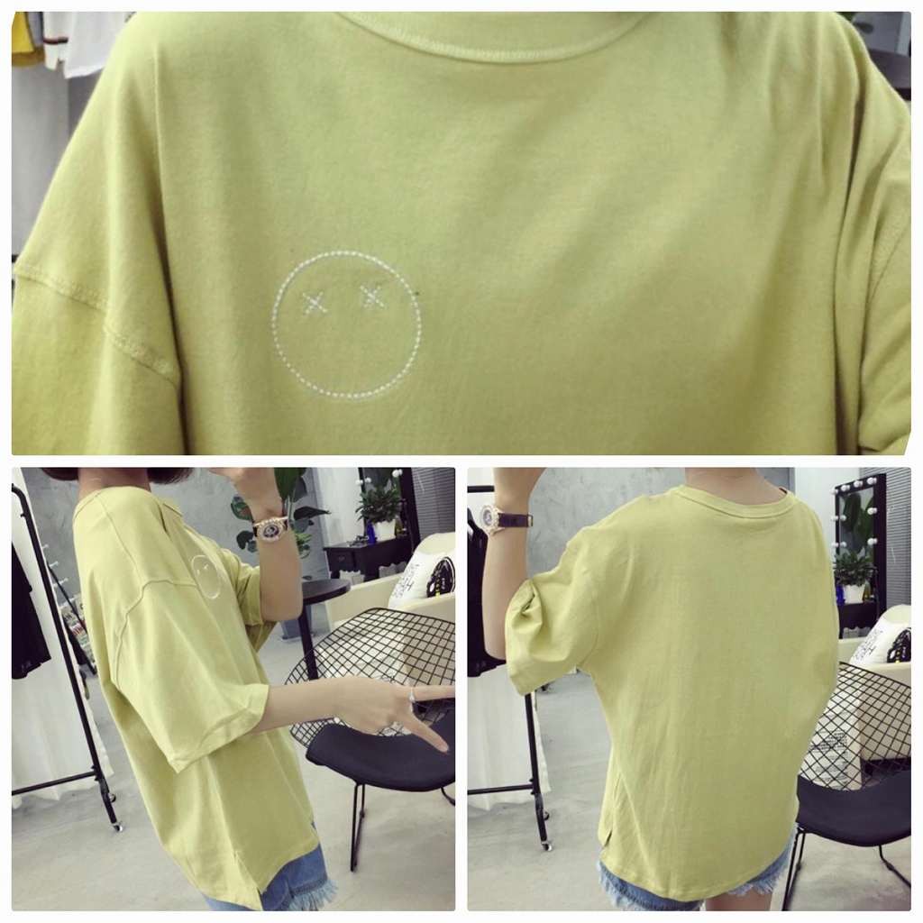 レディース　刺繍　顔　ワンポイント　Tシャツ　半袖　クルーネック　ショートスリーブ　トップス　春　夏　女性　大人　カジュアル　キュート　可愛い　おしゃれ　ファッション　イエロー　ブルー　M　L　XL　XXL　サイズ　送料無料