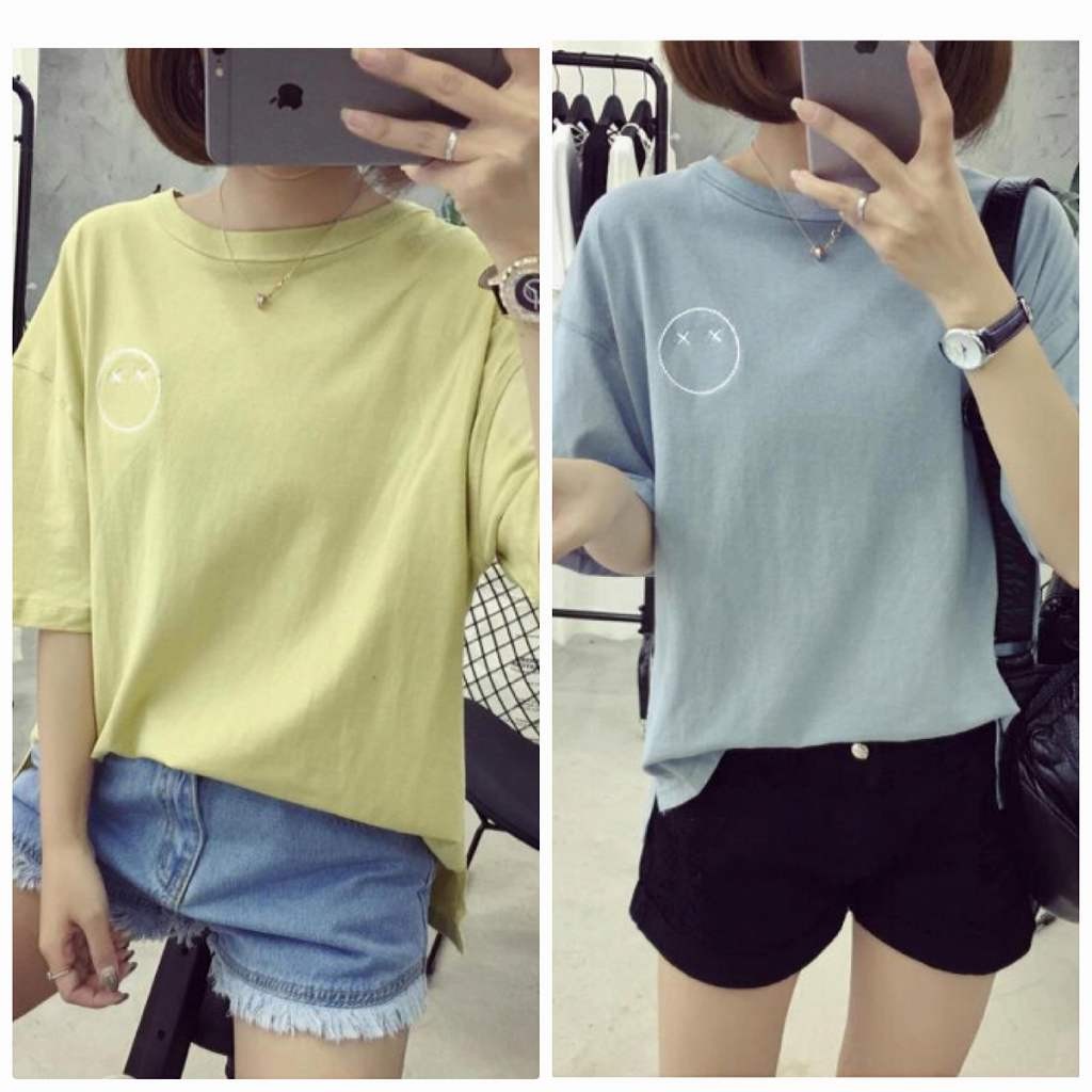 レディース　刺繍　顔　ワンポイント　Tシャツ　半袖　クルーネック　ショートスリーブ　トップス　春　夏　女性　大人　カジュアル　キュート　可愛い　おしゃれ　ファッション　イエロー　ブルー　M　L　XL　XXL　サイズ　送料無料