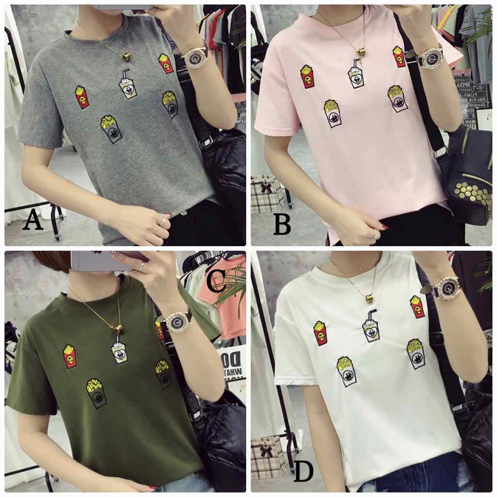 レディース　刺繍　フライドポテト　ファーストフード　Tシャツ　半袖　クルーネック　ショートスリーブ　トップス　春　夏　女性　大人　カジュアル　おしゃれ　ファッション　グレー　ピンク　グリーン　オリーブ　ホワイト　M　L　XL　XXL　サイズ　送料無料