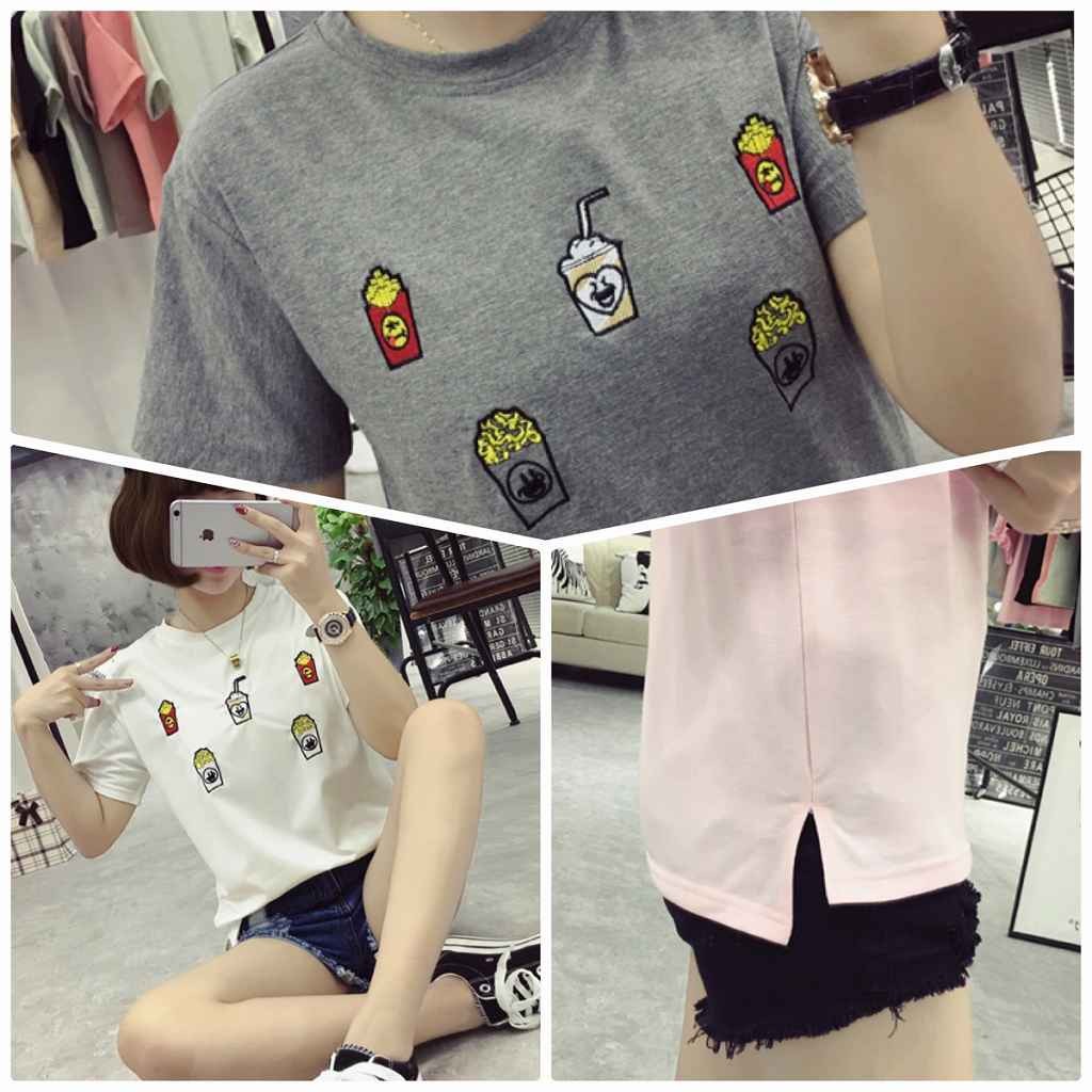 レディース　刺繍　フライドポテト　ファーストフード　Tシャツ　半袖　クルーネック　ショートスリーブ　トップス　春　夏　女性　大人　カジュアル　おしゃれ　ファッション　グレー　ピンク　グリーン　オリーブ　ホワイト　M　L　XL　XXL　サイズ　送料無料